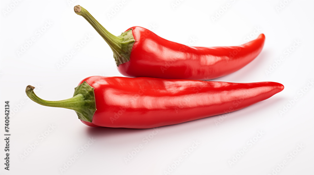 Two fresh, raw red hot chili peppers, lying side by side on white background.