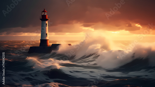 In the rough sea, a steadfast lighthouse shines a guiding light