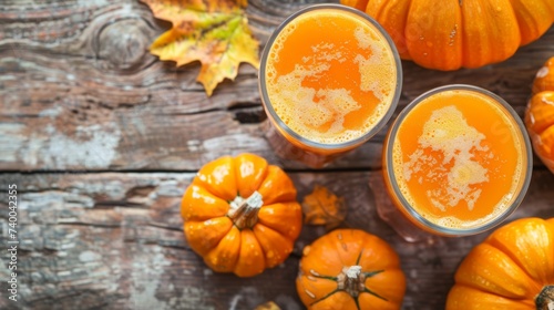 Autumn pumpkin juice on rustic wood, flanked by mini pumpkins, ideal for seasonal and culinary use.