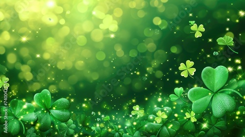 Vibrant green background with sparkling shamrocks and bokeh lights.