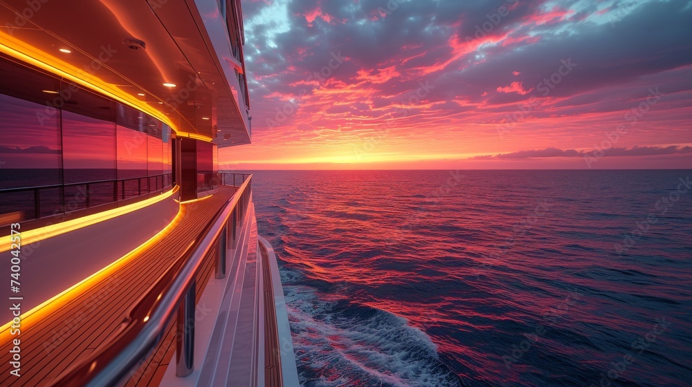 Obraz premium Cruise Ship Luxury: An elegant shot of a luxury cruise ship at sea during sunset, featuring deck lights and the vast expanse of the ocean
