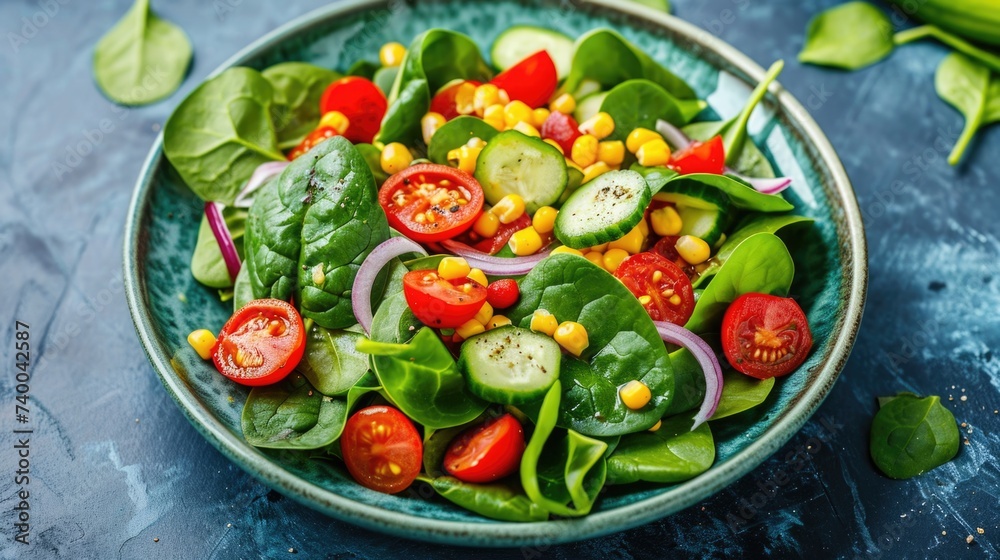 Vegan vegetable salad with spinach, cherry tomatoes, corn, young spinach, cucumber and red onion Vegan vegetable salad with spinach, cherry tomatoes, corn, young spinach, cucumber and red onion