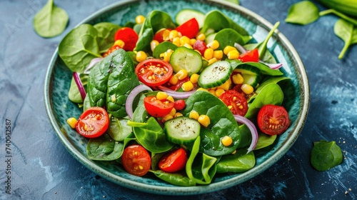 Vegan vegetable salad with spinach, cherry tomatoes, corn, young spinach, cucumber and red onion