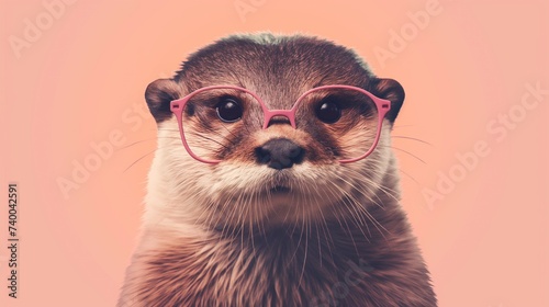 Otter wearing glasses with stylish frames, advertisement for an optics store, vision problems, myopia and farsightedness, consultation with an ophthalmologist