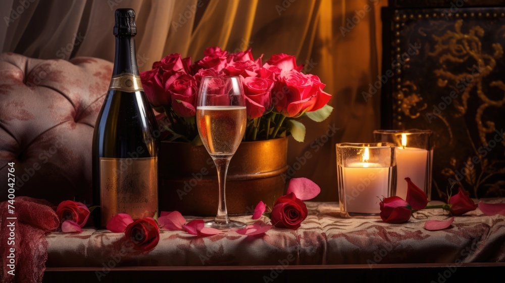 Romantic ambience with roses champagne and hearts