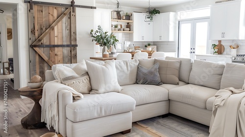 A modern farmhouse living room with a sectional sofa, reclaimed wood accents, and barn door decor