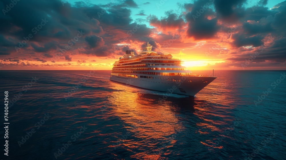 Cruise Ship Luxury: An elegant shot of a luxury cruise ship at sea during sunset, featuring deck lights and the vast expanse of the ocean