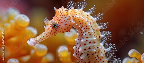 A close-up photo capturing the intricate details of a knobby seahorse resting on coral in its natural habitat. photo