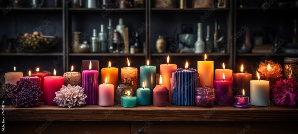 Warmth, coziness, comfort by a collection of colorful candles. Colorful candles illustration background banner wallpaper
