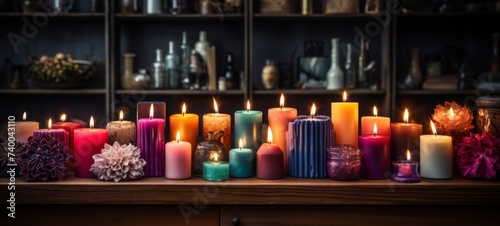 Warmth  coziness  comfort by a collection of colorful candles. Colorful candles illustration background banner wallpaper