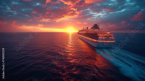 Cruise Ship Luxury: An elegant shot of a luxury cruise ship at sea during sunset, featuring deck lights and the vast expanse of the ocean photo