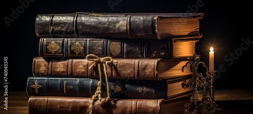 Antique leather-bound books. Image with vintage charm by showcasing a stack of antique leather-bound books with candle background banner wallpaper