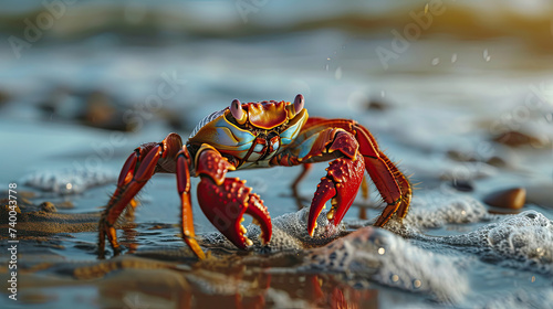 close up red crab on the sandy beach with a blurry background