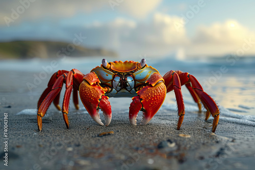 close up red crab on the sandy beach with a blurry background