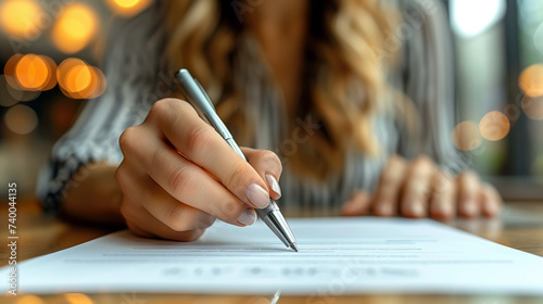 Close-up of a young businesswoman with a pen in her hands, signing a profitable proposal agreement after checking the terms of the contract, executive manager dealing with legal documents.