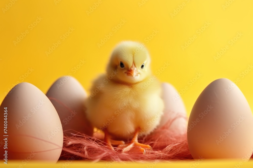 A small yellow chicken near the eggs on a yellow background