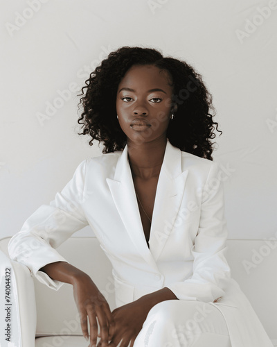 Confident YoungBlack Woman in White Blazer Sitting on a White Sofa photo