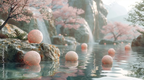 Geometric adrenal glands with stress diffusing orbs set in a calm Zen garden with digital ripples spreading across a pond