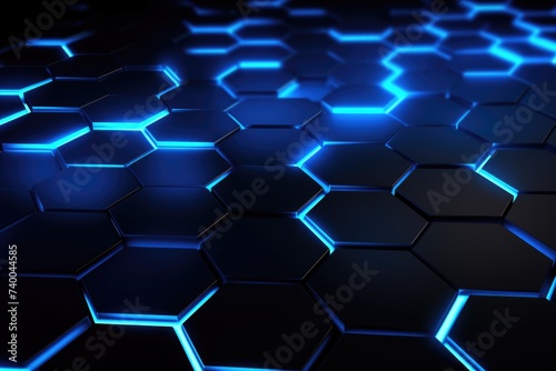 Abstract black futuristic hexagon pattern honeycomb surface blue backlight