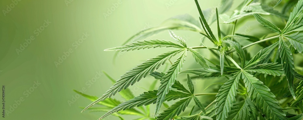 Obraz premium Banner, Hemp leaves on light green background, Cannabis or marijuana background, Copy space