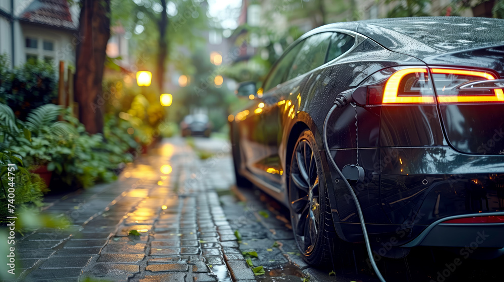 Car or electric vehicle at a charging station with a connected power cable on a blurred nature with a soft light background. Eco-friendly alternative energy concept Car or electric vehicle at a charging station with a connected power cable on a blurred nature with a soft light background. Eco-friendly alternative energy concept