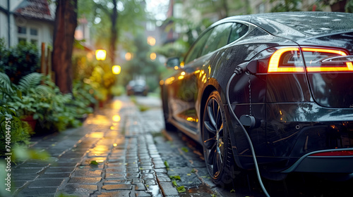 Car or electric vehicle at a charging station with a connected power cable on a blurred nature with a soft light background. Eco-friendly alternative energy concept