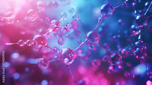 Holographic blue pink background or wallpaper with molecules Glowing space style Scientific biological, chemical and physical abstract backdrop