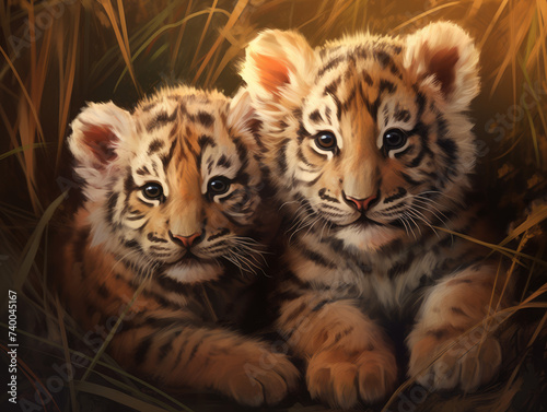 Two tiger cubs. Digital art.