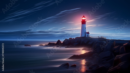 In the rough sea  a steadfast lighthouse shines a guiding light