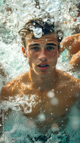 Professional male swimmer practising in swimming pool. Underwater shot of young sportsman swimming in pool. © Vladislav