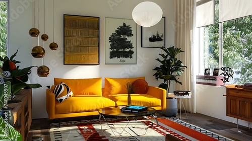 a guest room with a mid century modern sofa in mustard yellow, creating a retro inspired ambiance photo