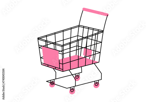 Hand drawn cute cartoon illustration of empty shopping cart. Flat vector store purchase container sticker in colored doodle style. Grocery market or e-commerce icon with outline. Isolated.