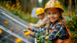Young children help install solar panels at home. Safe alternative energy, resource saving and sustainable lifestyle concept.