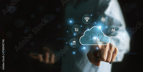 cloud computing shown in hand cloud technology data storage, data transfer, network and internet service concept, internet storage network technology	 photo