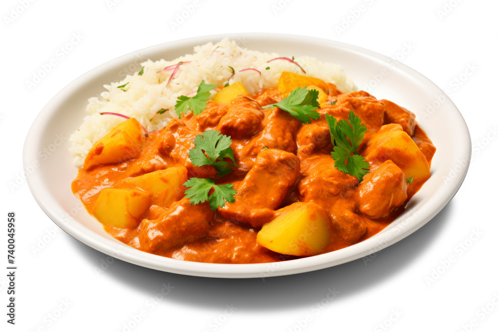 curry with rice on white teller, isolated on transparent background, png file