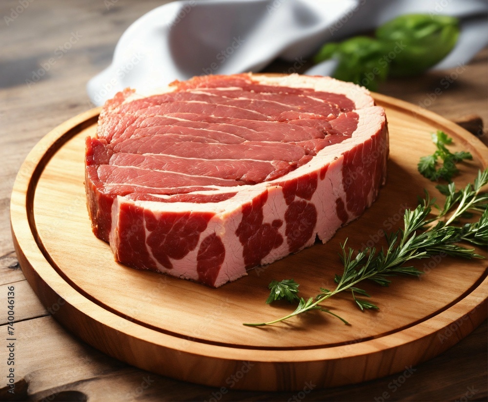 professional 3d rendering of a juicy slice of meat on a wooden plate with blank background