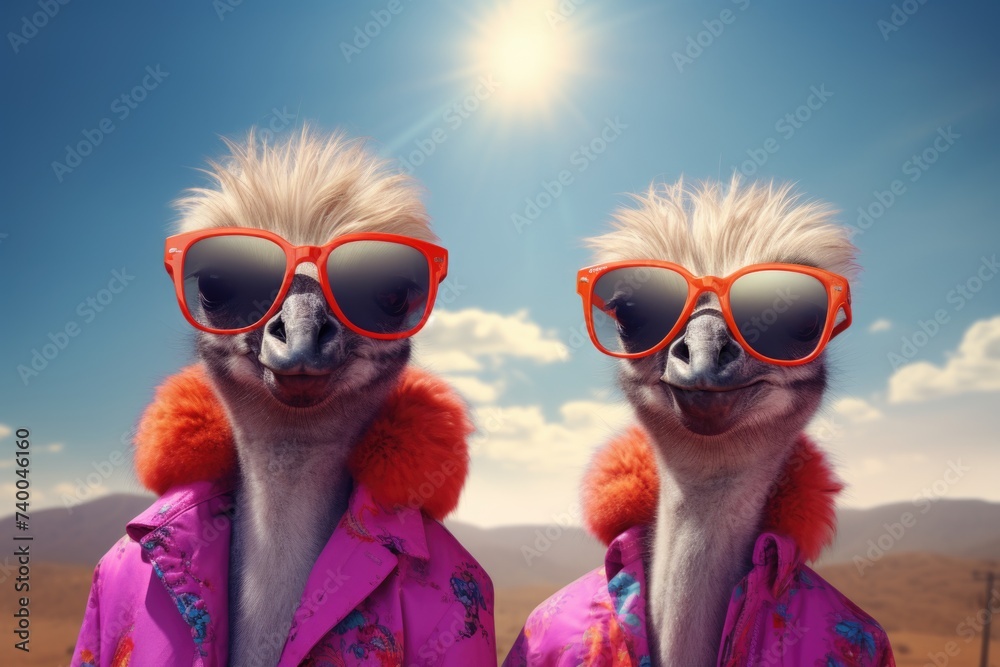 Ostriches in sunglasses and bright jackets Ostriches in sunglasses and bright jackets