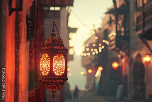a ramadan lantern lights up a cityscape