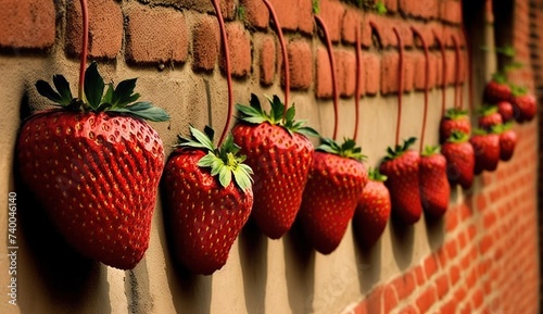 ripe and red strawberries are hanging on a brick wall
