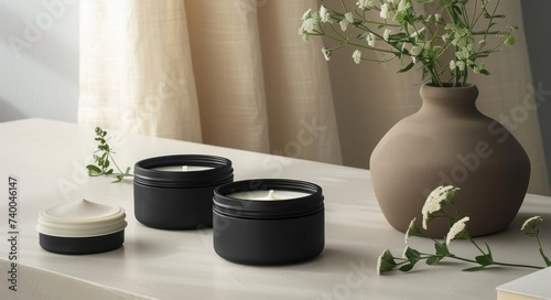 a trio of black containers and some cream on the table