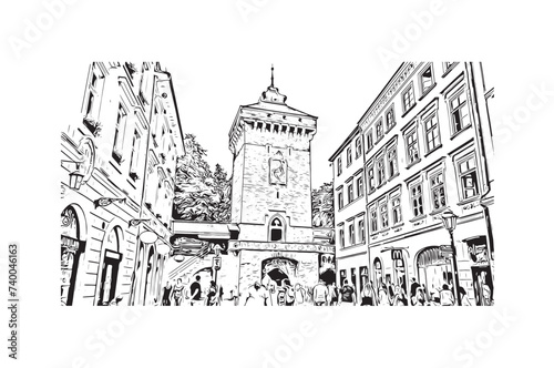 Landmark building view of Krakow in 2024. Hand drawn sketch illustration in vector.