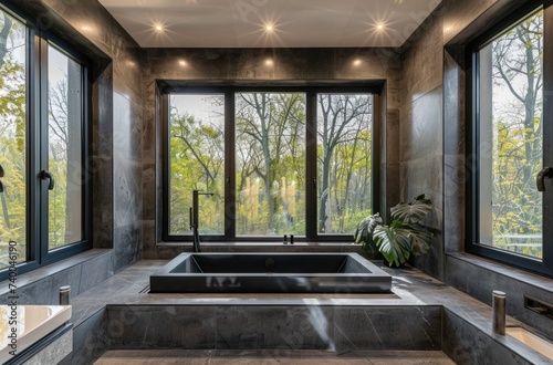 a sleek bathroom with grey walls and large windows
