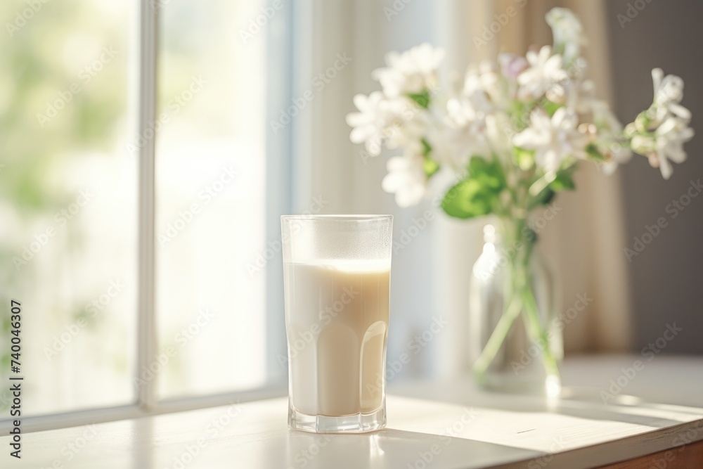 A glass glass with milk stands on a marble table with a bouquet of flowers