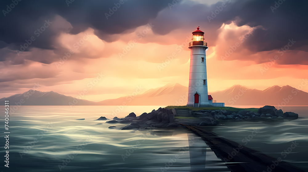 On a stormy night, a lighthouse guides the crashing waves under an ominous sky