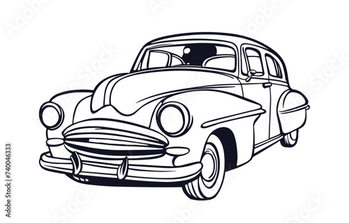 Stylish abstract retro car. Vintage Auto vehicle, automobile. Wheeled motor transport, sedan. Black vector outline drawing isolated on white background. Symbol, logo, Coloring book.