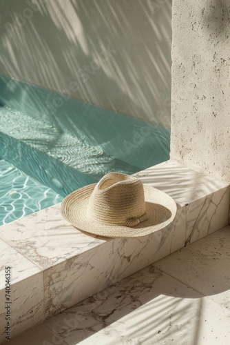 a straw hat is sitting on a marble counter next to a pool