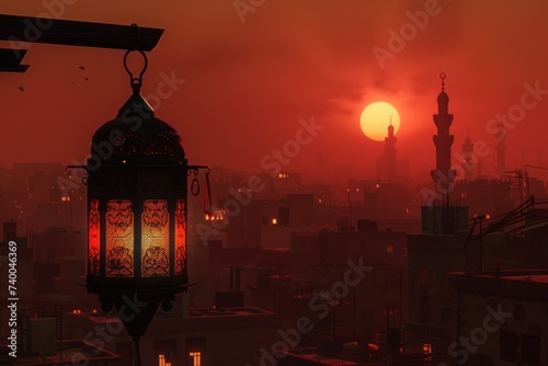 a ramadan lantern lights up a cityscape