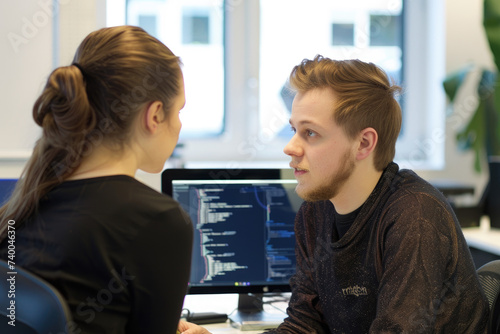 programmer discussing with colleague at tech start-up office