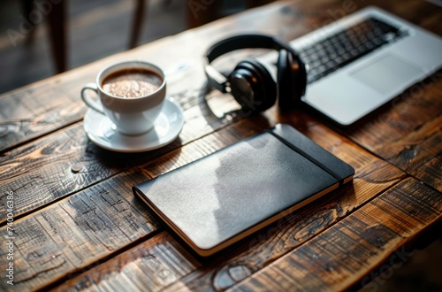 a notebook, headphones, headphones, a keyboard, a coffee cup and table