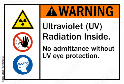 Ultraviolet warning sign and labels ultraviolet radiation inside. No admittance without UV eye protection